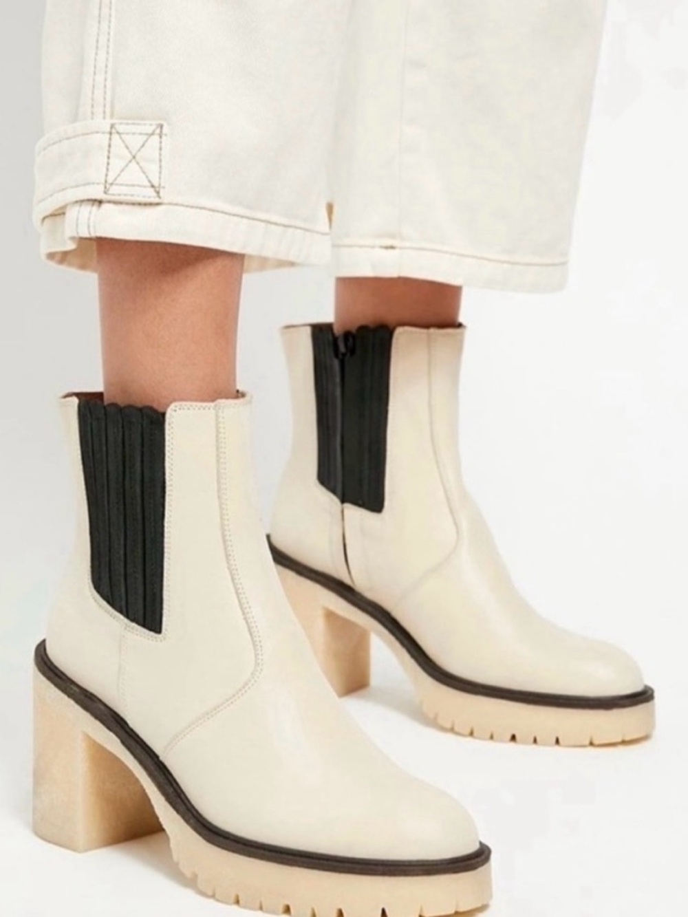FREE PEOPLE James Chelsea Boots White Leather Chunky Lug Heel Platform 39